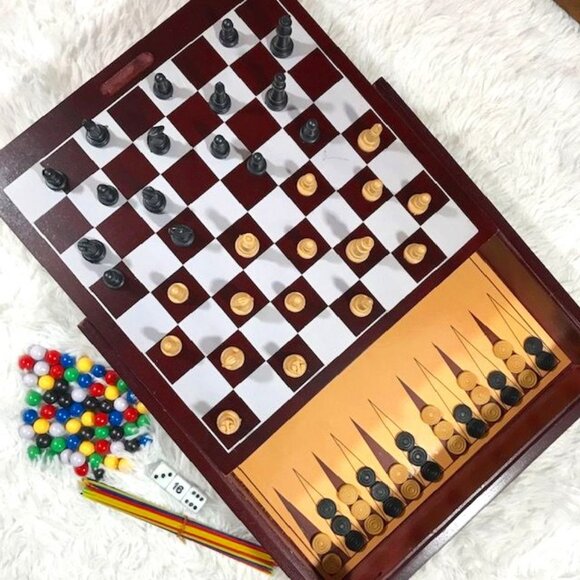 Wood Multi Game Box - Chess Checkers Backgammon Tic Tac Toe Mind Mancala & More - Picture 1 of 16